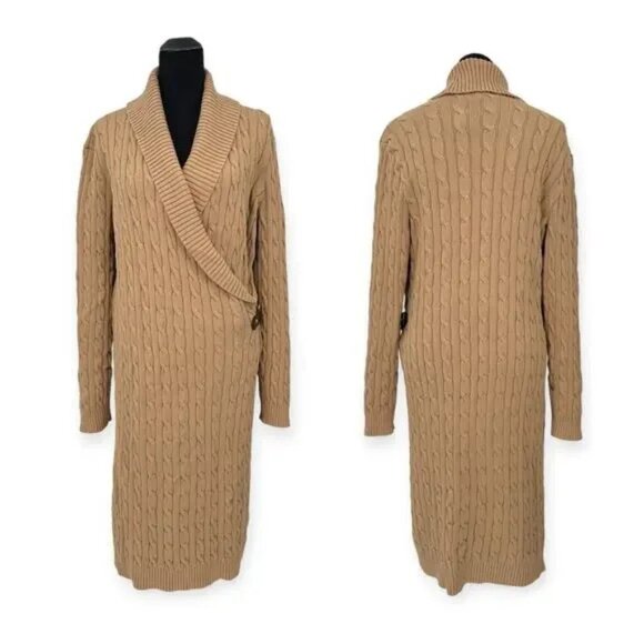 LAUREN Ralph Lauren | NWT | L | Cable-Knit Buckle-Trim Sweater Dress in Camel - Picture 4 of 5